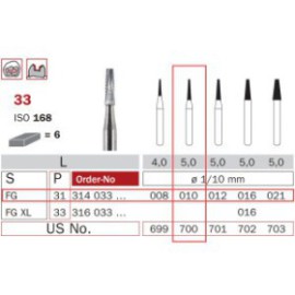 Carbide Bur, FG 010, Truncated Cone ISO No.168 (Fissure)