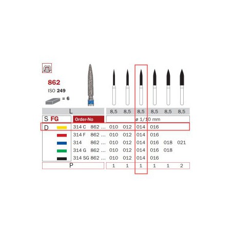 Diamond Bur, FG 014, X-Fine, Flame ISO No.249