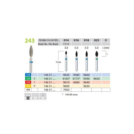 Diamond Burs, Flame, FG 243-014, X-Fine