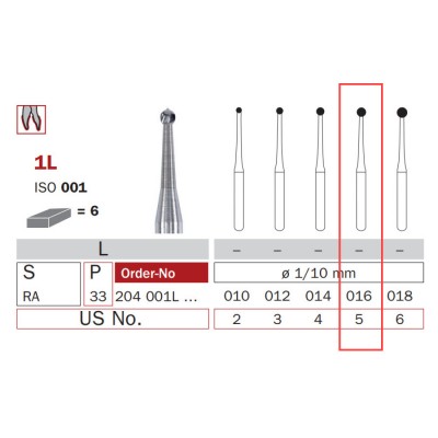 Carbide Bur, RA 016, Long Round ISO No. 001