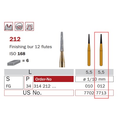 Finishing Carbide Bur, FG 012, Truncated Cone, 12 Flutes, ISO No. 168